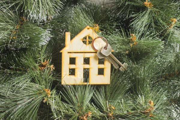 Дом и ключ на фоне елки