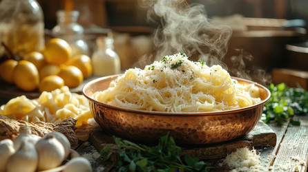 Горячие спагетти с пармезаном, чесноком и свежей зеленью в деревенской кухне с естественным освещением - deek