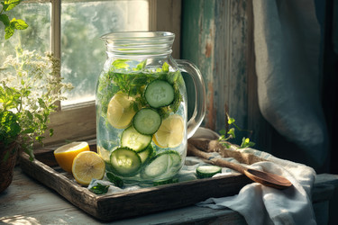 Пивной кувшин, наполненный свежими лимонами, огурцами и листьями мяты, покоящийся на деревянном подносе у залитого солнцем окна, создавая освежающую летнюю атмосферу - idressart