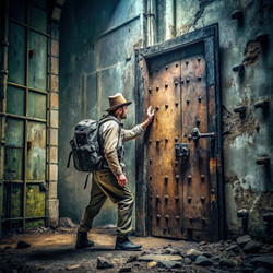 Человек с рюкзаком стоит перед дверью. Генерирующий ИИ - RomanZ