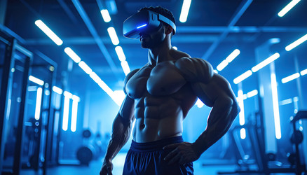 Мышечный мужчина в футуристическом тренажерном зале с VR-гарнитурами, представляющими виртуальные тренды фитнеса и продвинутые тренировки тела - vidoc