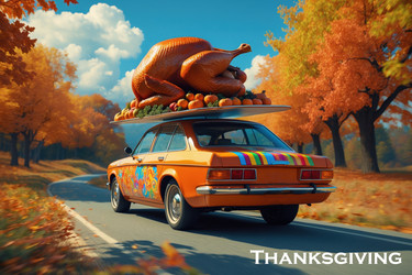 AI Generative Thanksgiving: ретро-автомобиль с жареной индейкой на крыше осенней дороги - Matroskin