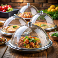 Стеклянный купол покрывает тарелки со вкусными блюдами, готовыми к подаче - RomanZ