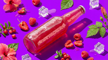 Камбуча с малиной в окружении ягод, цветков гибискуса, мяты и брусники на фиолетовом фоне - DinaYota