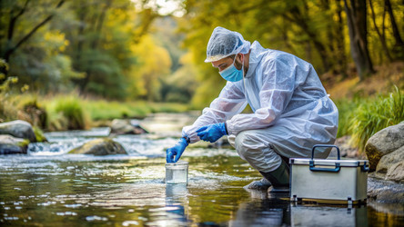 Экологический ученый собирает образцы воды из ручья в лесу - RomanZ