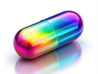 A Single Glossy Rainbow Capsule On A White Background. Generative AI - RomanZ