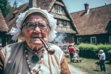 Пожилая женщина с большими очками курит трубку в традиционной деревенской обстановке - RomanZ