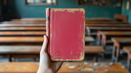 Рука держит старинную красную книгу в старой классной комнате - NeuroSky
