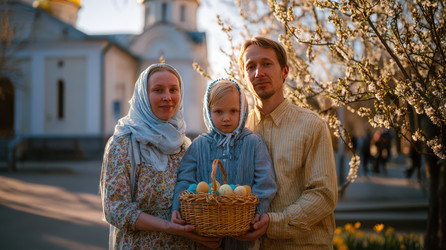 Семья с ребенком, держащая корзинку с яйцами, возле церкви и цветущих деревьев: пасхальное празднование, традиции, вера и теплый весенний портрет на открытом воздухе - AlexTroi