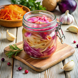 Кувшин с маринованной капустой, окруженный свежими ингредиентами на светлом деревянном фоне - RomanZ