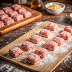 Молочные мясные колбоки, покрытые мукой и готовые к приготовлению пищи на уютной кухне - RomanZ