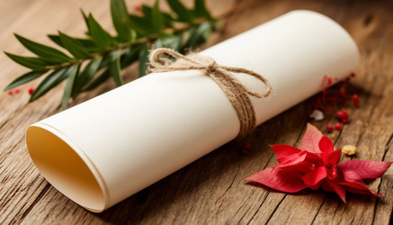 Vintage Certificate Scroll on Table – Old Diploma Paper Roll, Antique Award Document for History and Achievement - Kulkann75