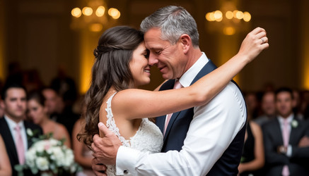 Romantic father and bride dance at wedding – tender embrace on dance floor close-up - Kulkann75