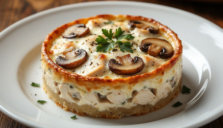 Hot julienne with chicken, mushrooms, and melted cheese in ceramic cocotte – close-up - Kulkann75