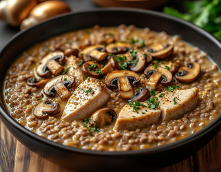 Buckwheat porridge with sautéed mushrooms, chicken, and cream sauce – rustic close-up - Kulkann75