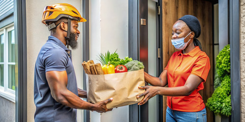 Курьер доставляет свежие продукты к входу в дом в течение дня. Генеративный искусственный интеллект - RomanZ