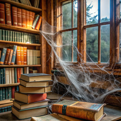Забытая библиотека, запыленная книгами и паутиной, в уединенном лесу. Генеративный искусственный интеллект - RomanZ