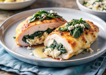Вкуснейшая кето-курица, фаршированная шпинатом и фетой, на деревенском деревянном столе. Генеративный ИИ - RomanZ