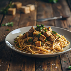 Наслаждаемся вкуснейшей веганской карбонарой со спагетти за деревянным столом. Генеративный ИИ - RomanZ