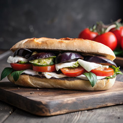 Вкусный сэндвич Капрезе с баклажанами, подаваемый на деревянной доске. Генеративный искусственный интеллект - RomanZ