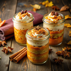 Вкусный многослойный десерт в стеклянных баночках, выставленный на деревенском деревянном столе. Генеративный искусственный интеллект - RomanZ