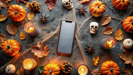 Вид сверху на макет iPhone на темной поверхности в окружении сезонных украшений. Генеративный ИИ - RomanZ