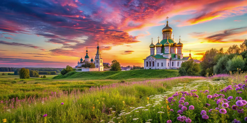 Прекрасный закат над безмятежным российским пейзажем с историческими зданиями и яркими цветами - RomanZ