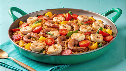 Вкусная джамбалайя с креветками, разноцветным болгарским перцем и свежими овощами. Генеративный ИИ - RomanZ