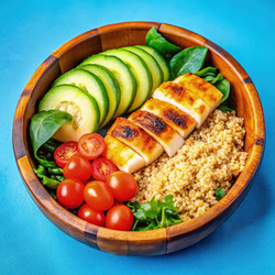 Вкусный салат из курицы-гриль с киноа и свежими овощами на синем фоне. Генеративный ИИ - RomanZ