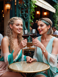 Two friends enjoying a toast with red wine at a charming outdoor café in summer. Generative AI - RomanZ
