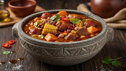 Сытное южноамериканское рагу фейжоада с кукурузой и фасолью, подаваемое в традиционном каменном горшочке на темном деревенском деревянном столе - vidoc