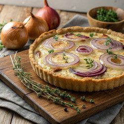 Вкусный луковый пирог со свежей зеленью на деревенском деревянном столе. Генеративный ИИ - RomanZ