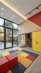 Bright and Colorful Children’s Play Area With Soft Blocks and Large Windows. Generative AI - RomanZ