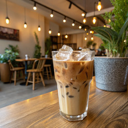 Iced coffee served in a cozy café with indoor plants and soft lighting. Generative AI - RomanZ