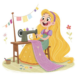 Мультяшный персонаж с удовольствием шьет за швейной машинкой в светлой, жизнерадостной комнате. Генеративный ИИ - RomanZ