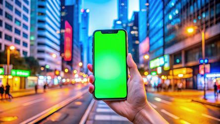 Изображение руки, держащей макет iPhone на зеленом фоне на оживленной городской улице. Генеративный ИИ - RomanZ