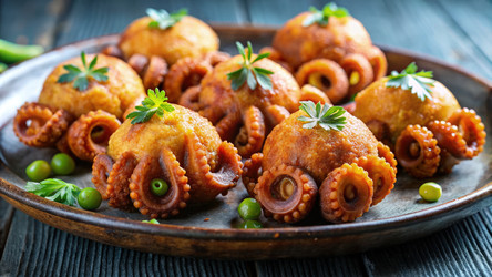 Вкусные шарики из осьминога, подаваемые на деревенской деревянной тарелке. Генеративный искусственный интеллект - RomanZ