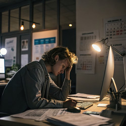 Уставший человек сидит за столом и работает поздно ночью в тускло освещенном офисе. Генеративный ИИ - RomanZ