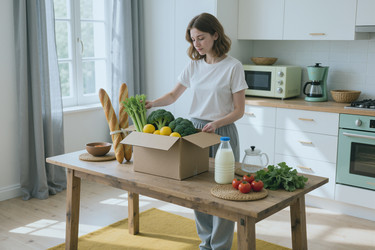 Взрослая женщина распаковывает коробку с доставленными продуктами на домашней кухне. - SeventyFour