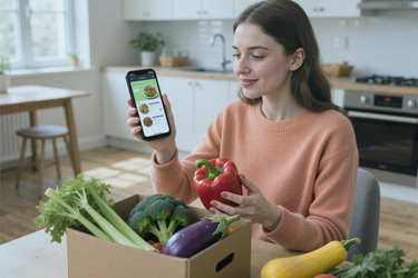 Женщина заказывает доставку продуктов, держа в руках свежие овощи и фрукты. - AnnaStills