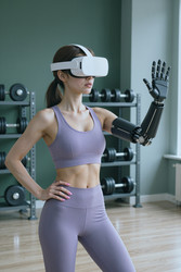 Взрослая женщина с роботизированной рукой использует vr для фитнес-тренировок. - SeventyFour