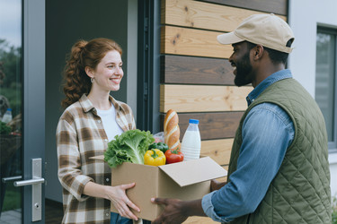 Чернокожий мужчина доставляет продуктовый набор взрослой женщине на дом. - SeventyFour