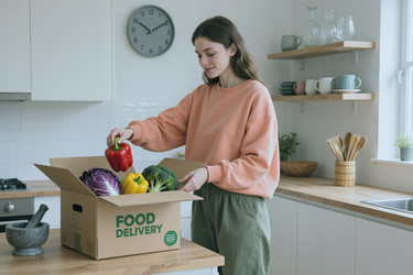 Взрослая женщина распаковывает коробку с доставленными свежими продуктами на кухне. - AnnaStills
