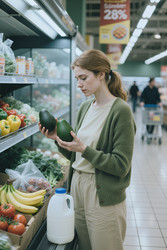 Взрослая женщина сравнивает авокадо во время похода в продуктовый магазин. - AnnaStills