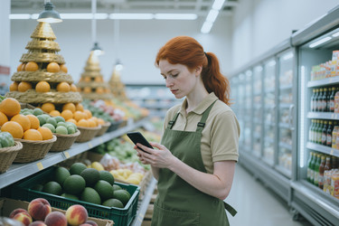 Женщина-продавщица в продуктовом магазине проверяет свой смартфон в отделе овощей и фруктов. - SeventyFour