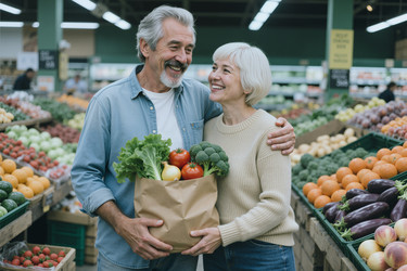 Пожилая пара покупает свежие продукты для здорового образа жизни. - SeventyFour