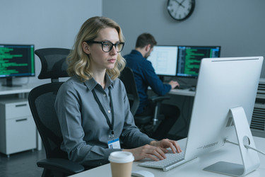 Взрослая женщина работает за компьютером в офисе разработки программного обеспечения. - AnnaStills