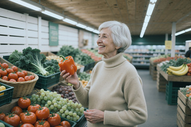 Пожилая женщина выбирает свежие продукты для здоровых покупок в продуктовом магазине. - SeventyFour