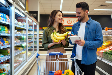 Взрослая пара сравнивает списки покупок во время похода за свежими продуктами. - SeventyFour