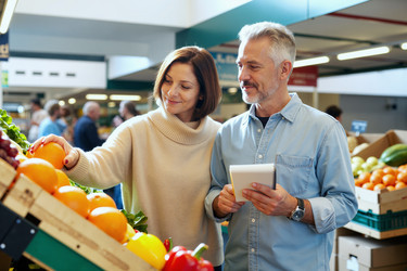 Пожилая пара выбирает свежие продукты для похода в продуктовый магазин. - SeventyFour